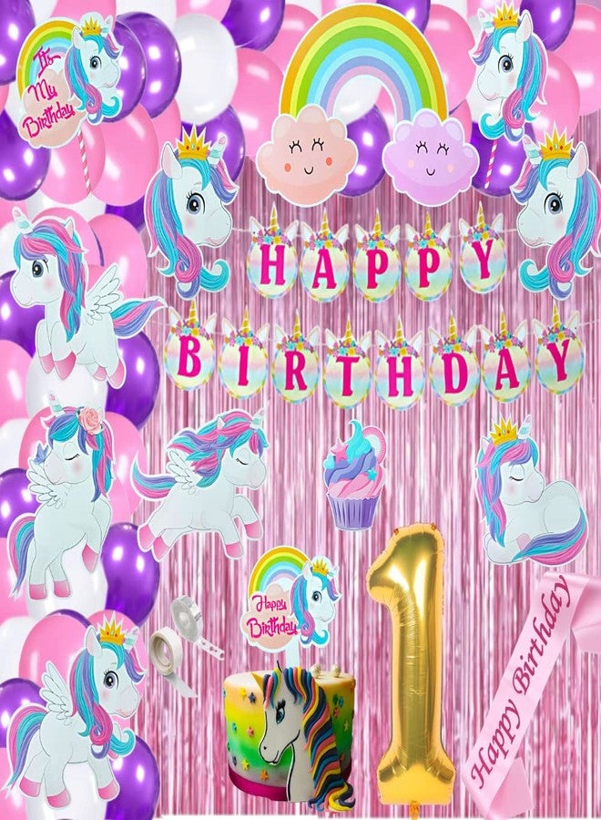 FI - FLICK IN 71 Pcs 1st Birthday Unicorn Decoration for Girls | Pink Bday Decorations Party Set | Kids Party Decoration Kit | Unicorn Theme First Birthday Decorations Kit (Pack of 71, Pink) - Image 1